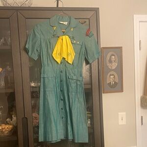 Girls Vintage-Style Teal Dress with Yellow Neck Scarf